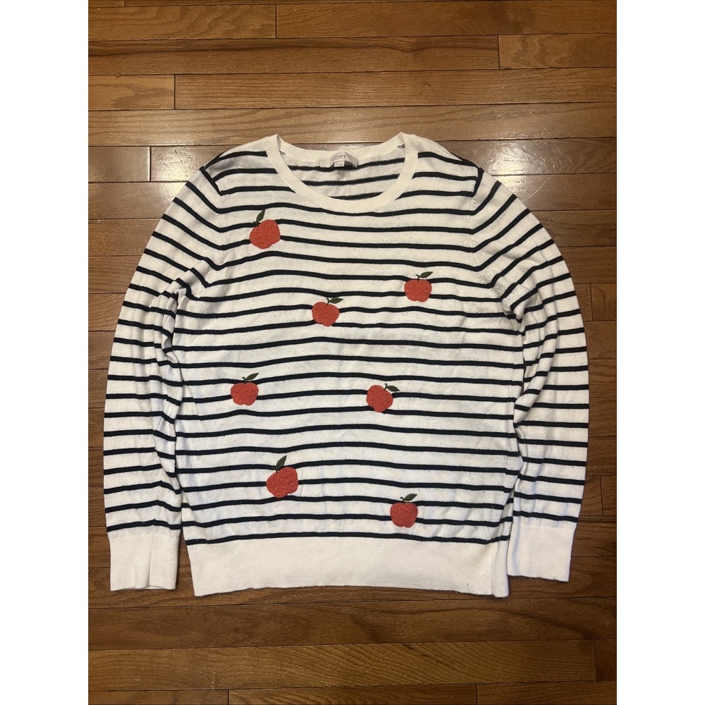 LOFT XL Apple Embroidered Striped Sweater Ivory Navy Preppy Teacher Fall